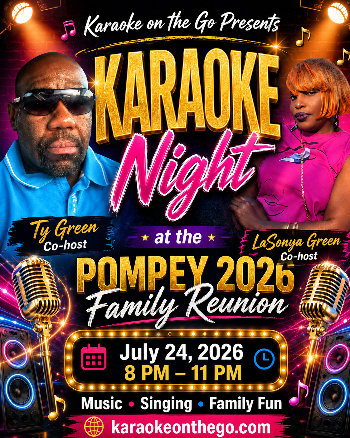 Karaoke Night flyer with Ty Green and LaSonya Green — July 24, 2026, 8–11 PM