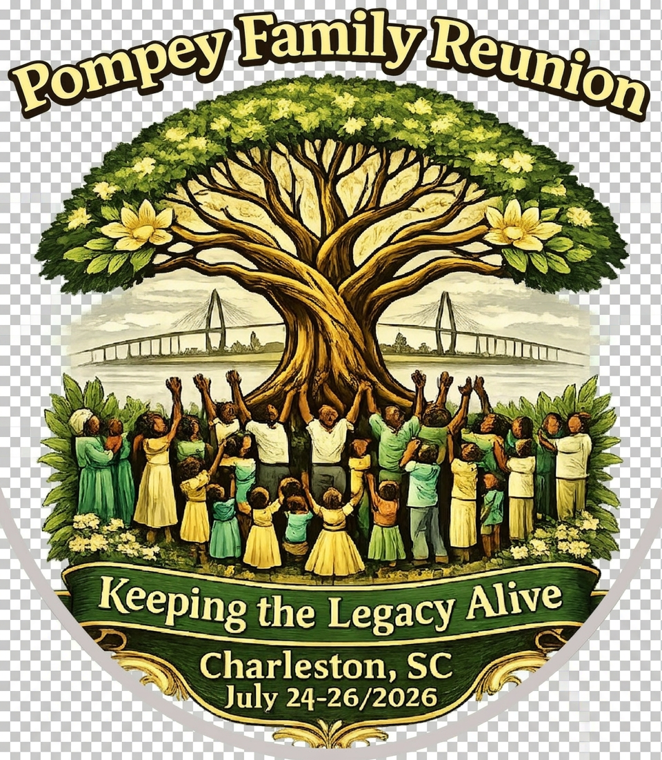 Pompey Family Reunion crest — family beneath a great tree, Charleston SC, July 24–26, 2026